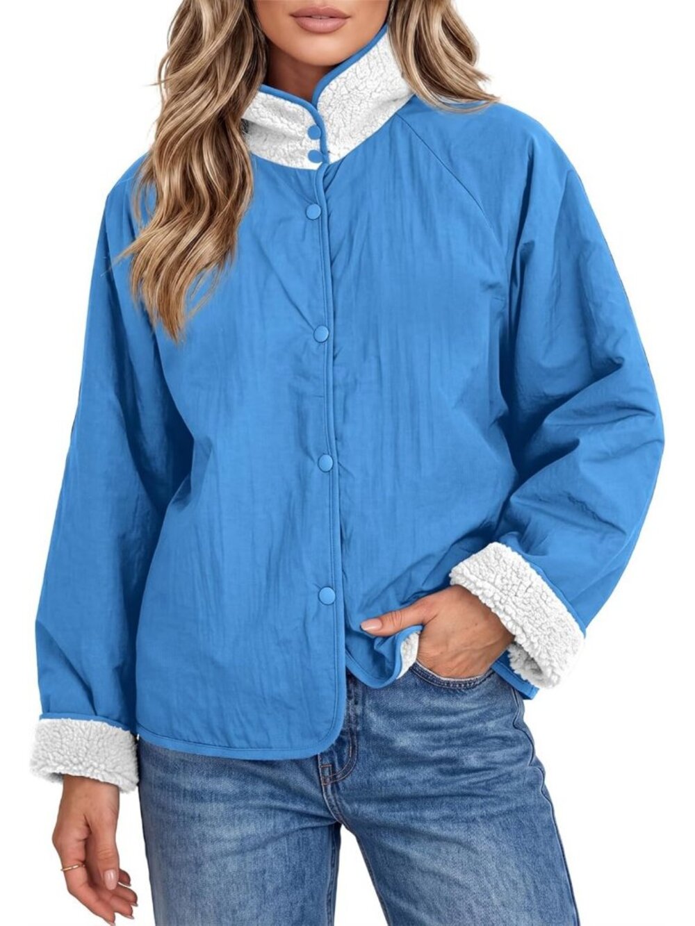 Cozy Reversible Sherpa Lined Jacket with Snap Buttons & Stand Collar for Women